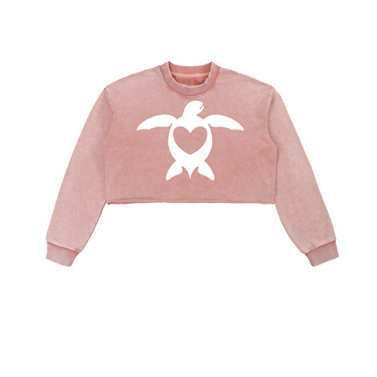 GURFER® TURTLE LOVE Snow Washed Raw Edge Cropped Sweatshirt